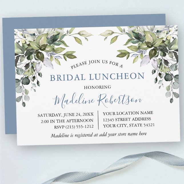 Convite Aquarela Verde Bridal Almofada Dusty Azul (Customize to change text color, text style or color of back of card.)