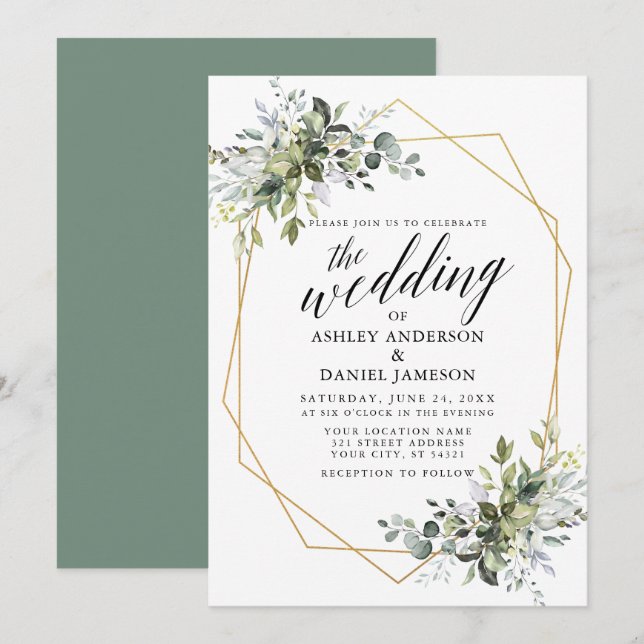 Convite Aquarela Verde Caligrafia Geo Sage Verde (Frente/Verso)