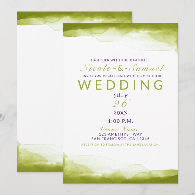Convite Aquarela Verde Chartreuse Casamento Moderno Chic (Frente/Verso)
