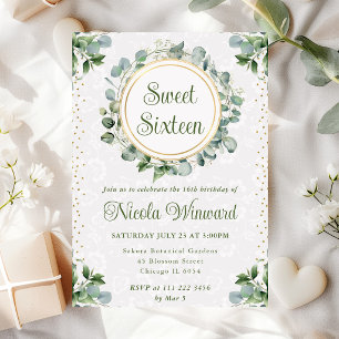 Convite Aquarela Verde de Eucalipto Sweet Sixteen