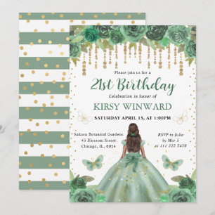 Convite Aquarela Verde & Dourado Aniversário de Princesa