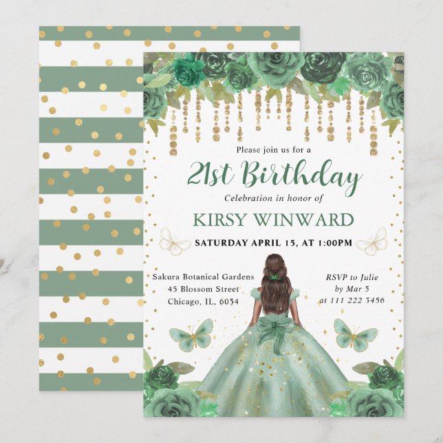 Convite Aquarela Verde & Dourado Aniversário de Princesa (Frente/Verso)
