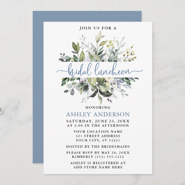 Convite Aquarela Verde Dusty Blue Script Luncheon (Frente/Verso)