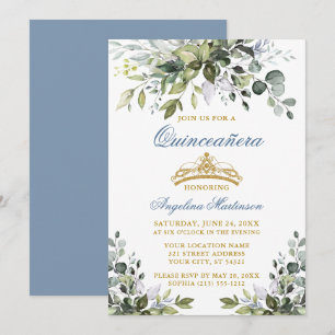 Convite Aquarela Verde Dusty Quinceañera Dourada Azul