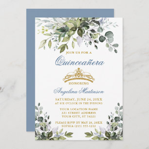 Convite Aquarela Verde Dusty Quinceañera Dourada Azul