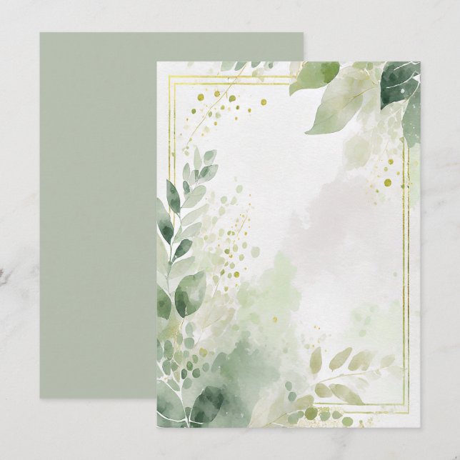 Convite Aquarela verde e dourado em branco Casamento (Frente/Verso)