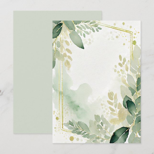 Convite Aquarela verde e dourado em branco Casamento (Frente/Verso)