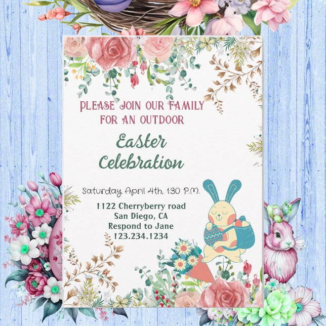 Convite Aquarela Verde Páscoa Floral Coelho Ovos Cuta (Watercolor Greenery Floral Easter Bunny Eggs Cute Invitation)