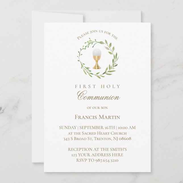 Convite aquarela verde primeira comunhão sagrada (Frente)