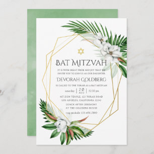 Convite Aquarela Verde Tropical Bat Mitzvah Geométrico