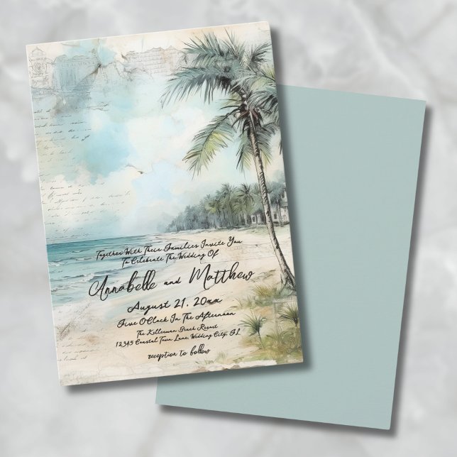Convite Aquarela Vintage no Casamento na Praia (Vintage Rustic Elegant Tropical Beach Wedding Invitation)