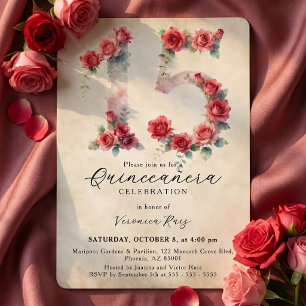 Convite Aquarela Vintage Rosa Vermelha Quinceañera