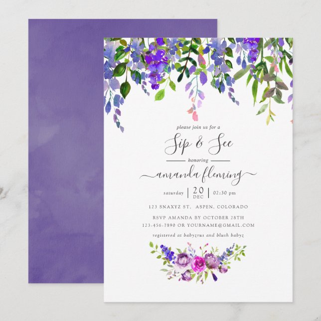 Convite Aquarela Violeta Floral Beber e Ver (Frente/Verso)