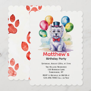 Convite Aquarela Westie Cachorro Festa de Aniversário Infa