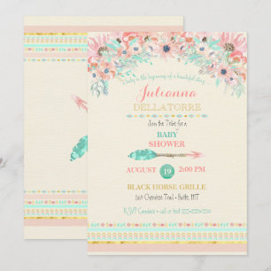 Convite Aquarelas Florais Boho Tribal em Tons de Pêssego e