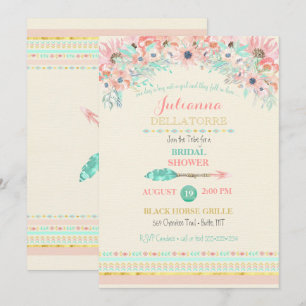 Convite Aquarelas Florais Boho Tribal Pêssego Mint Seta
