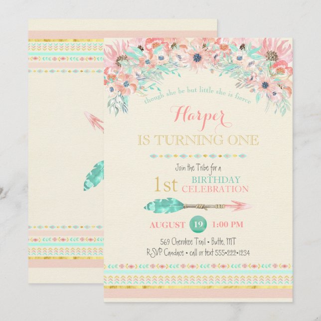 Convite Aquarelas Florais Boho Tribal Pêssego Mint Seta (Frente/Verso)