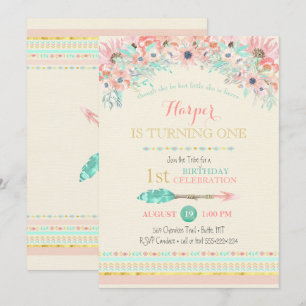 Convite Aquarelas Florais Boho Tribal Pêssego Mint Seta