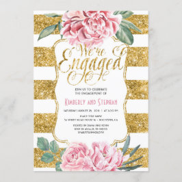 Convite Aquarelas Florais Douradas Festa de noivado da Lar