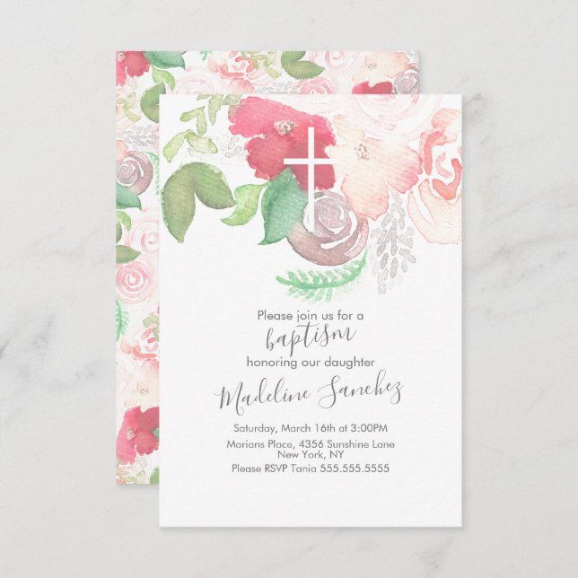 Convite Aquarelas Florais Rosa Pintados Pintados À Mão Bat (Frente/Verso)