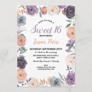Convite Aquarelas Floral Sweet 16 Party Flowers Roxo