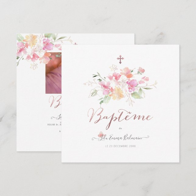 Convite Aquarelle Fluers de Pois Faire-part de Baptême (Frente/Verso)