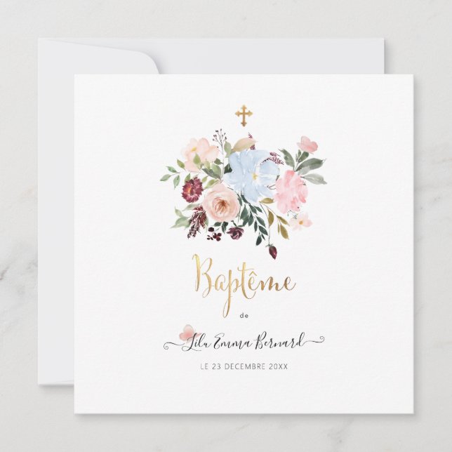 Convite Aquarelle Petites Fluers Faire-part de Baptême (Frente)