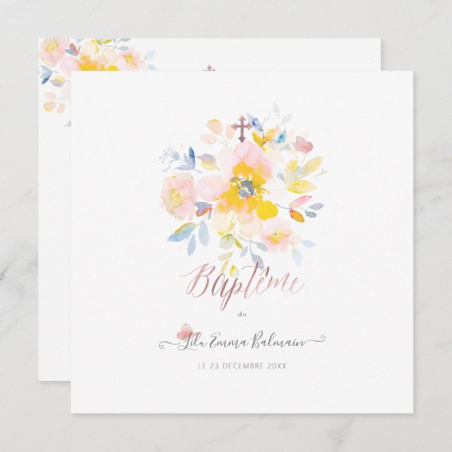Convite Aquarelle Rosa de Jardin Faire-part de Baptême (Frente/Verso)