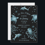 Convite Aquarium Sea Life Kids Ocean Festa de aniversário<br><div class="desc">Edite o texto para qualquer evento. Animais marinhos azuis ilustrados com cor preta de bg (editável)</div>