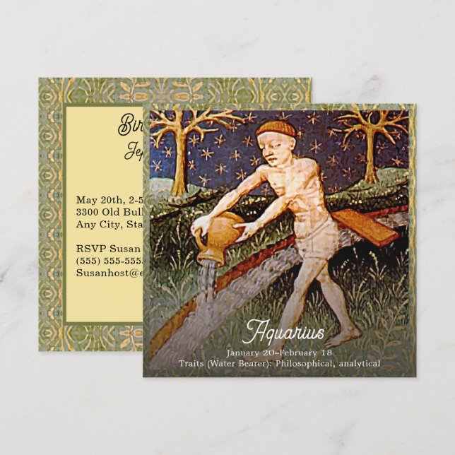 Convite Aquarius Water Bearer Zodiac Sinal Festa de aniver (Frente/Verso)