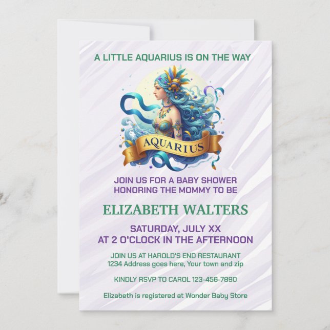 Convite Aquarius Zodiac Baby Shower Lavender and Green (Frente)