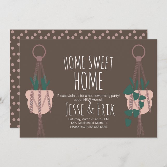 Convite Aquecimento da Casa de Plantação Moderna de Macram (Frente/Verso)