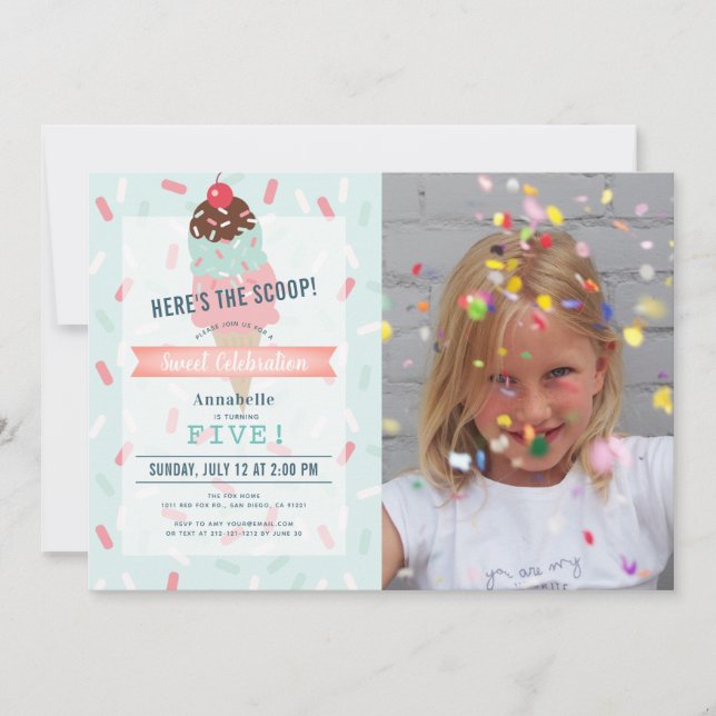 Convite Aqui está o aniversário da foto do Sorvete Scoop M (Frente)