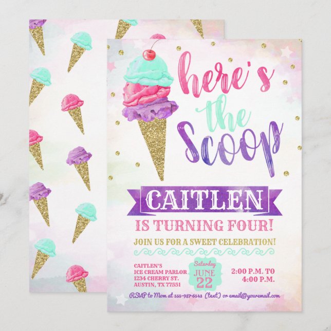 Convite Aqui está o aniversário da Glitter Dourada do Sorv (Frente/Verso)