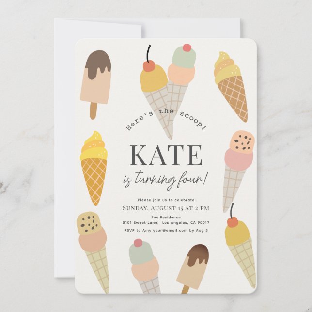 Convite Aqui está o Aniversário de criança de Sorvete Colo (Frente)