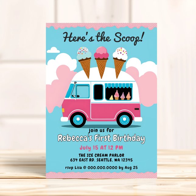Convite Aqui está o Aniversário do Caminhão do Sorvete Sco (Heres the Scoop Ice Cream Truck Birthday Invitation)
