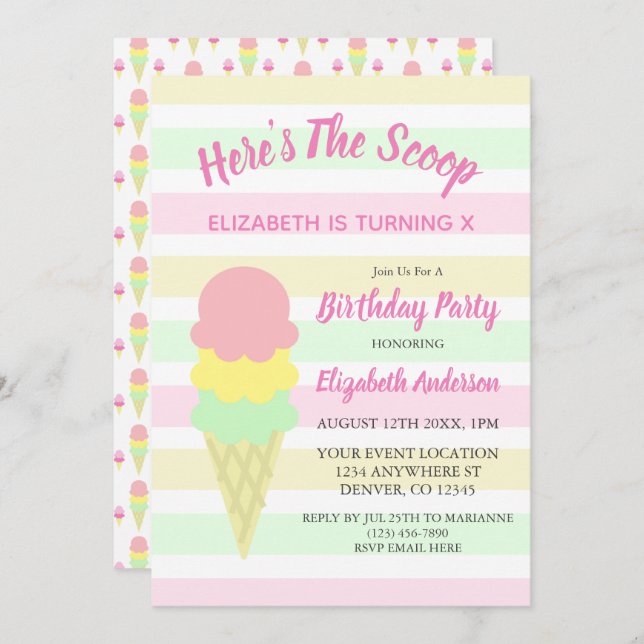 Convite Aqui está o aniversário do Sorvete de colher (Frente/Verso)