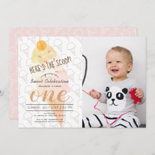 Convite Aqui está o primeiro aniversario de fotos rosa do