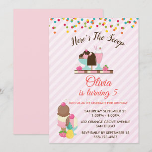 Convite Aqui Está o Sorvete & Confetes de Aniversário