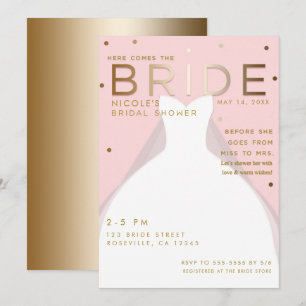 Convite Aqui vem a NOIVA Chic Rosa Dourado Chá de Panela