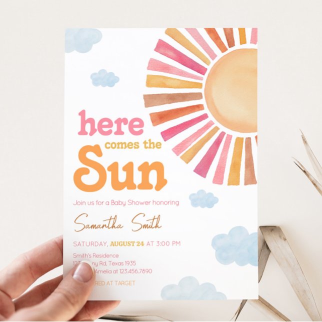 Convite Aqui Vem O Chá de fraldas Da Rapariga Do Sol (Sunshine Baby Shower Invitation)