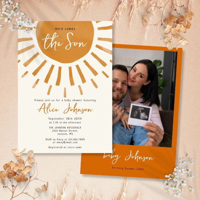 Convite Aqui Vem O Chá de fraldas De Foto Do Filho Boho Bo (Here Comes The Son Boho Boy Photo Baby Shower Invitation)