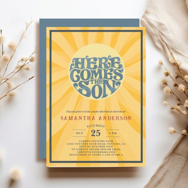 Convite Aqui vem o Chá de fraldas do Filho (Here Comes the Son retro baby shower invitation features fun sun shape typography with rays.)