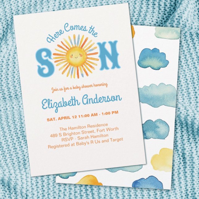 Convite Aqui vem o Chá de fraldas do Filho (A cute baby boy shower invitation with the theme,"Here Comes the Son" Adorable!)