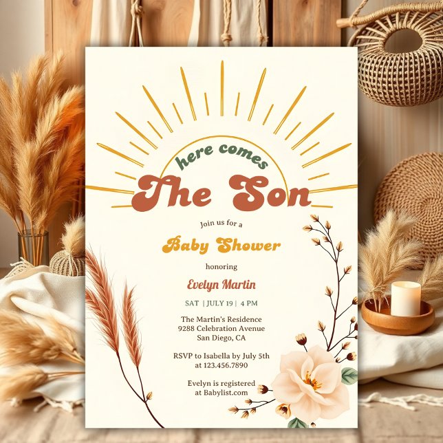 Convite Aqui Vem O Chá de fraldas Do Filho Da Sunshine Boh (Here Comes The Son Sunshine Boho Boy Baby Shower Invitation)