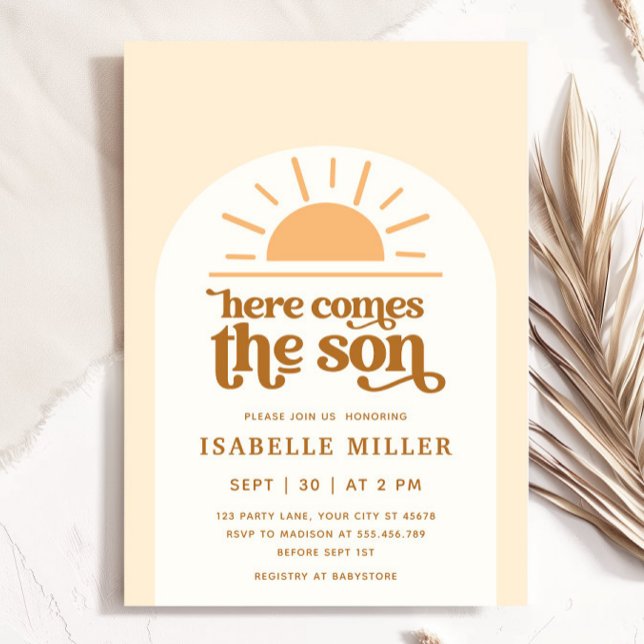 Convite Aqui vem o Chá de fraldas do Filho do Sol (Here Comes the Son Sunshine Boy Baby Shower Invitation)