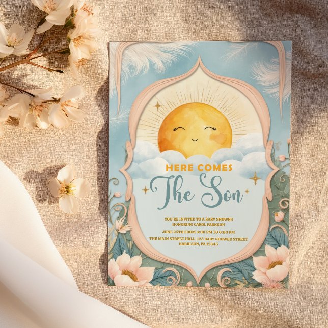 Convite Aqui vem o Chá de fraldas do Filho Menino (Here Comes the Son Baby Boy Baby Shower)