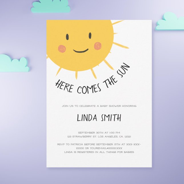 Convite Aqui vem o Chá de fraldas do Sol (Cute Here Comes the Sun Baby Shower Invitation)