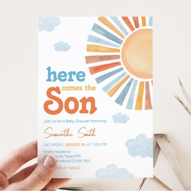 Convite Aqui Vem O Chá de fraldas Do Sol (Blue Boho Sunshine Baby Shower Invitation)