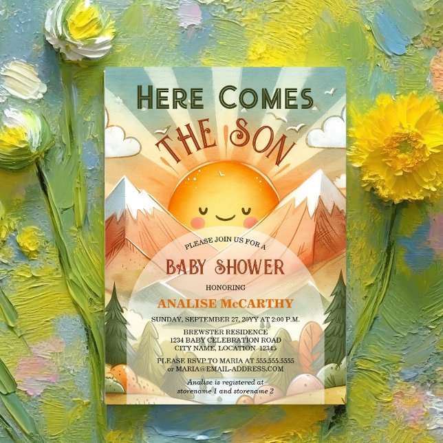 Convite Aqui Vem O Chá de fraldas Do Sol Filho (Celebrate the birth of your son by inviting your baby shower guests with this retro and fun invite.)